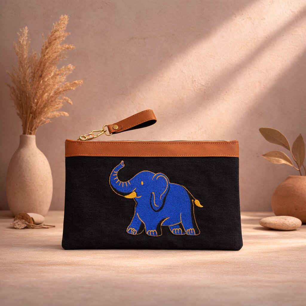 Black pouch with a blue elephant design on a wooden surface with decorative elements.