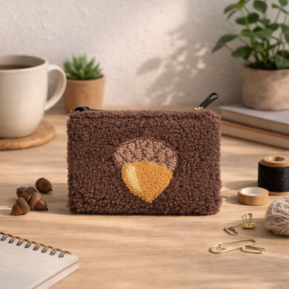 Brown acorn teddy pouch handmade plush zip bag UK
