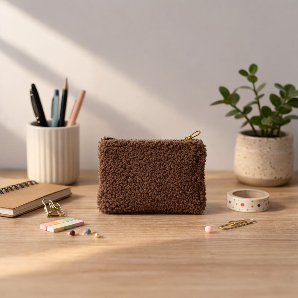 Brown punch needle teddy pouch with zipper on desk