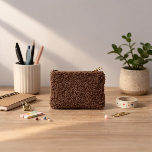 Brown punch needle teddy pouch with zipper on desk