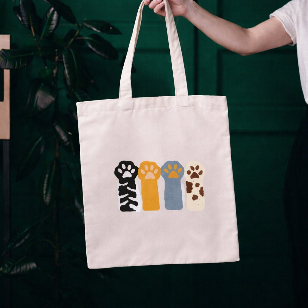 Cat paw punch needle canvas tote bag on natural cotton