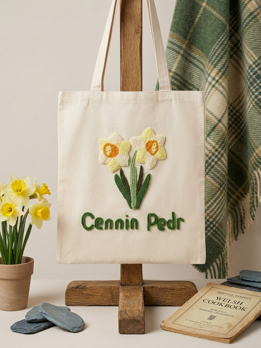Welsh daffodil tote bag with handmade punch needle daffodil design and Cennin Pedr lettering, hanging on a wooden stand