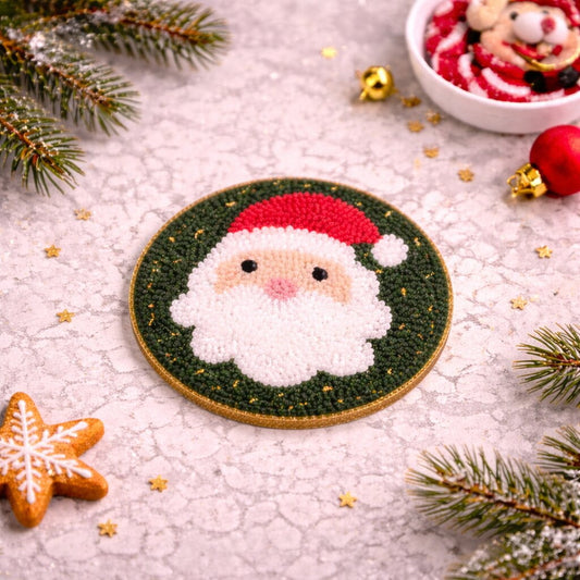 Santa punch needle coaster on festive table