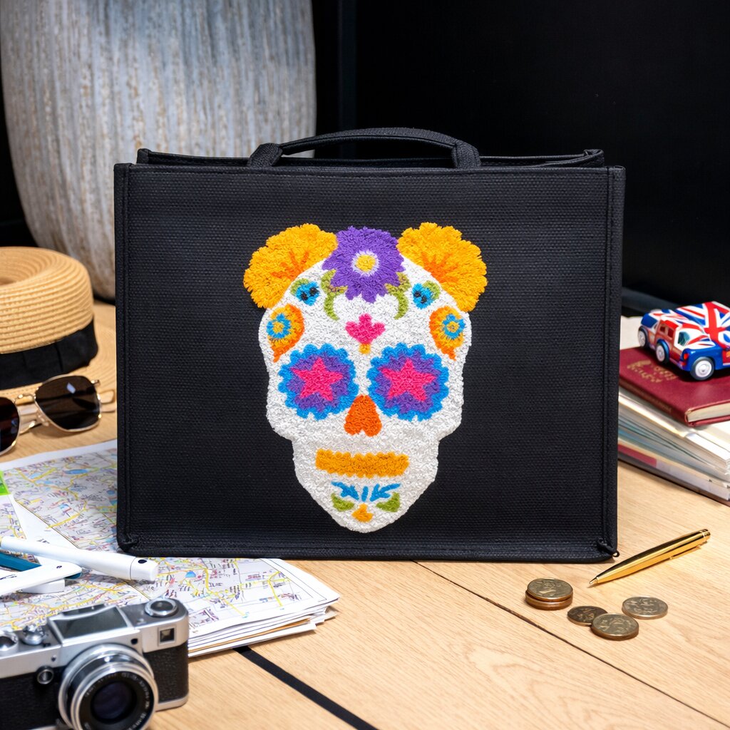 Jute skull shoulder bag with handmade punch needle design on black structured base