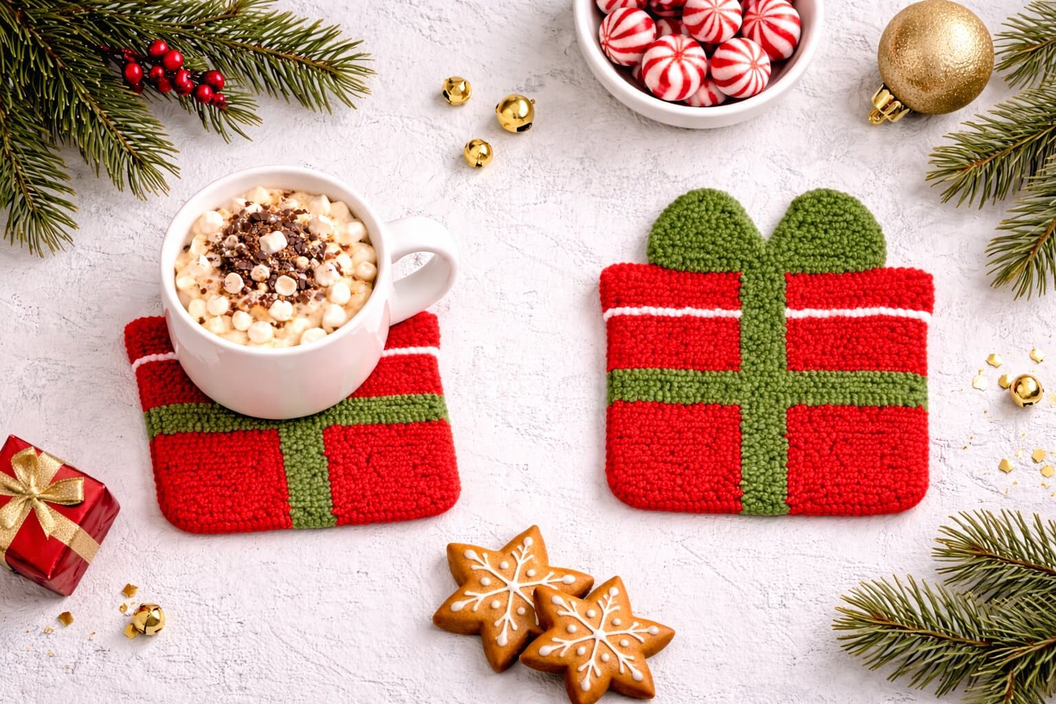 Christmas present punch needle coaster on festive table