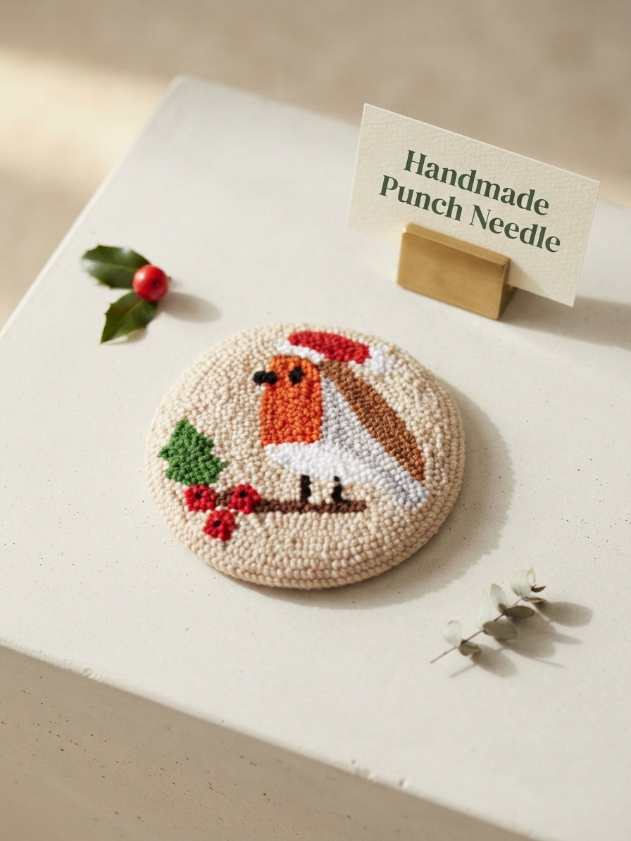 A round handcrafted punch needle pin featuring a robin bird with a Santa hat, displayed on a white surface next to a small sign that reads 'Handmade Punch Needle'.
