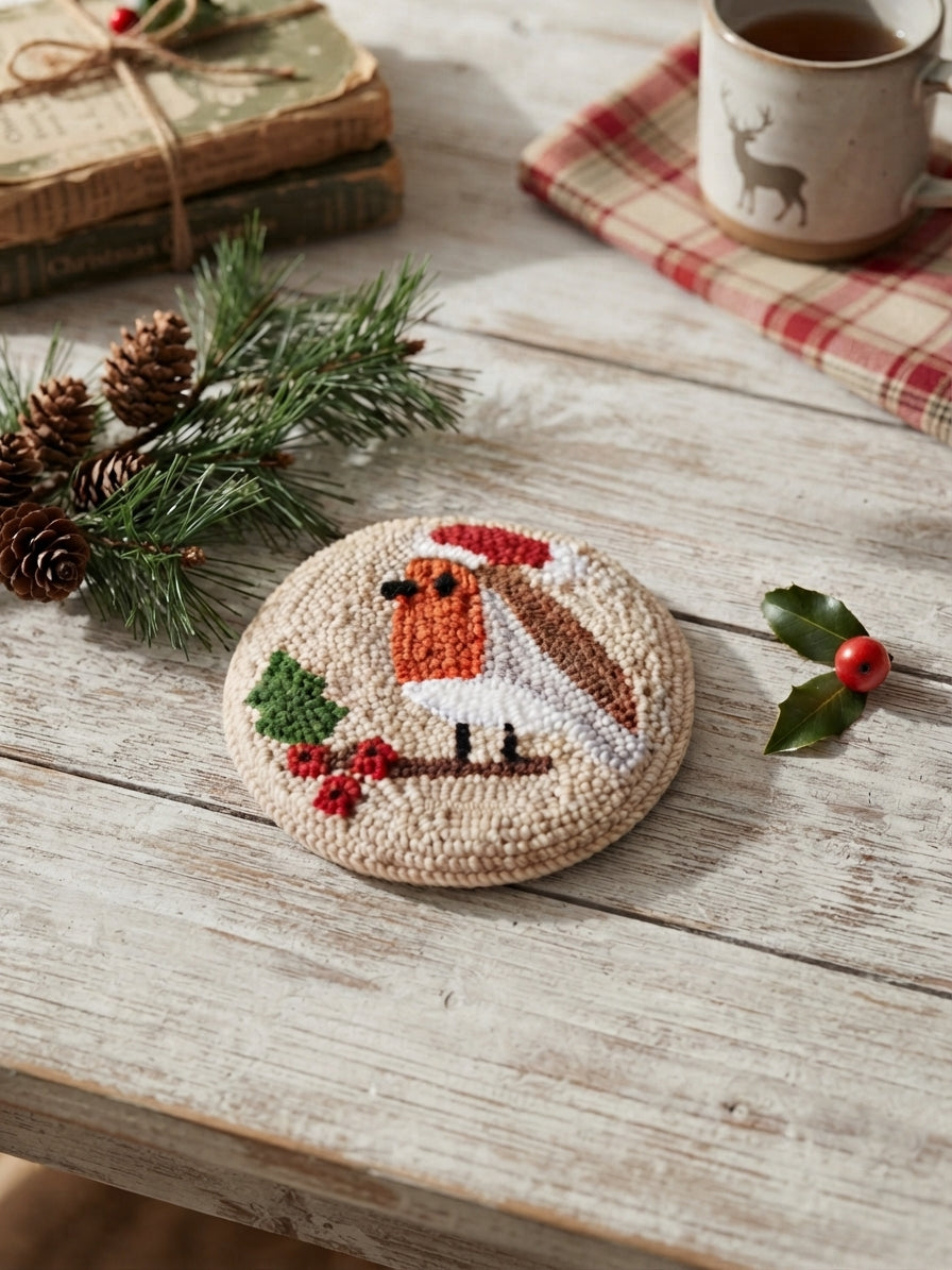 A round crocheted coaster featuring a festive robin bird design, styled on a rustic wooden table with pine branches, a mug, and holiday greenery.