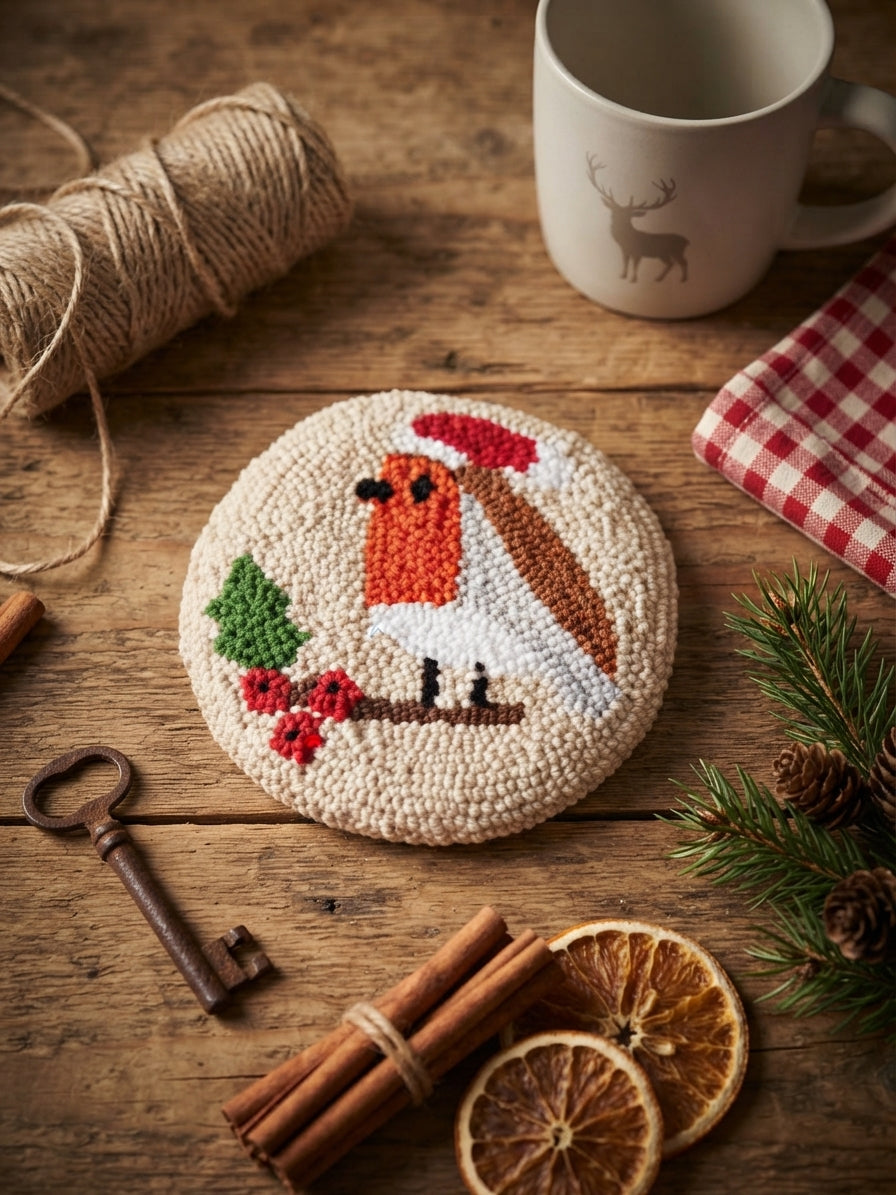 Robin Christmas Punch Needle Coaster | Rustic Farmhouse Country Homeware