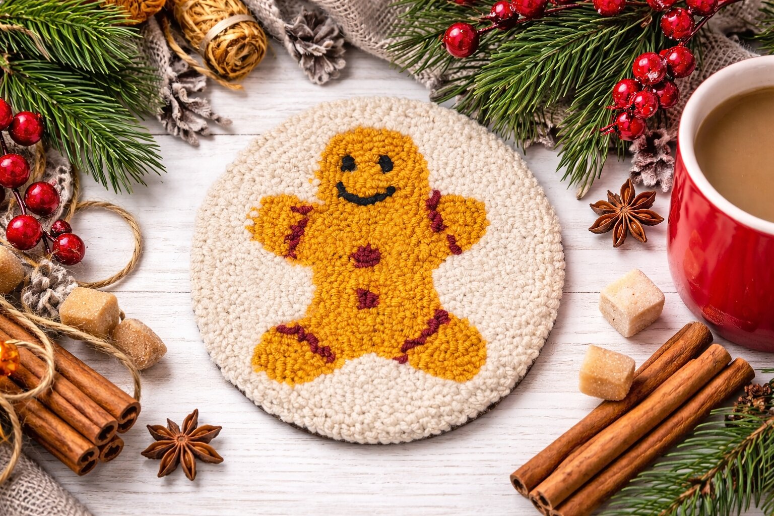Christmas punch needle coasters in festive round designs on table - gingerbread