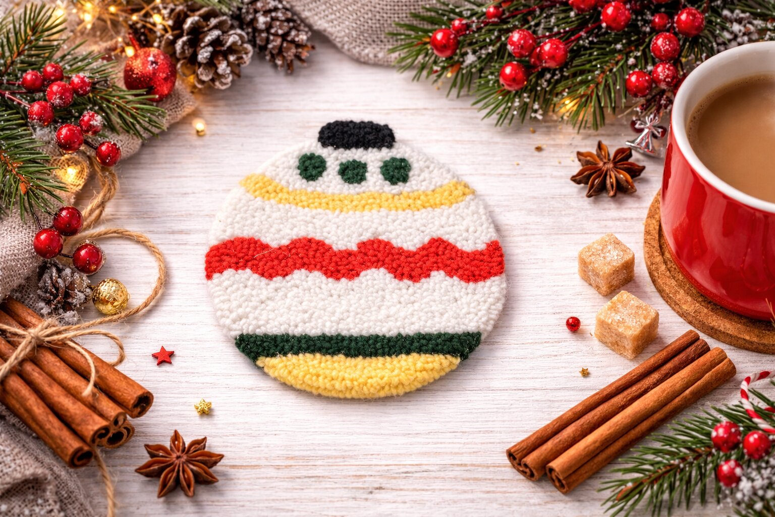 Christmas punch needle coasters in festive round designs on table - ornaments
