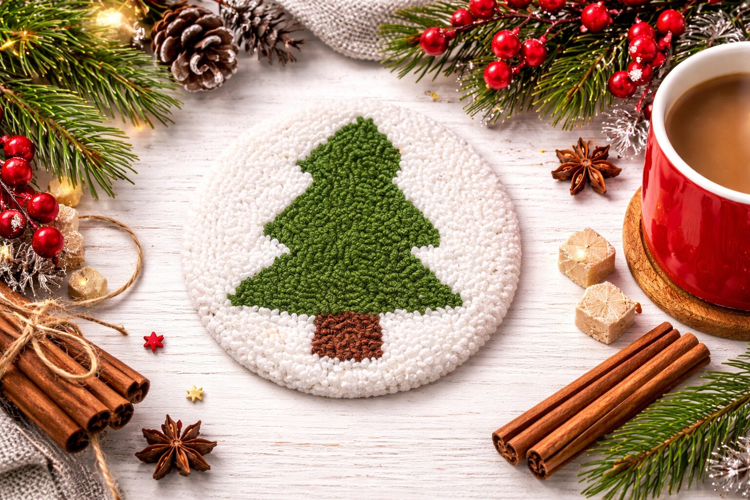 Christmas punch needle coasters in festive round designs on table - pine tree