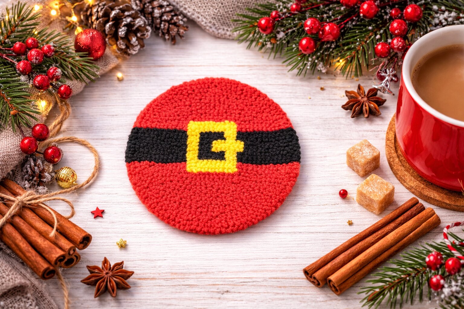 Christmas punch needle coasters in festive round designs on table - santa belly