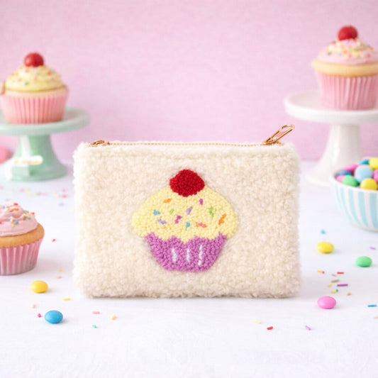 Handmade cupcake teddy pouch UK cream plush zip bag 10x15cm