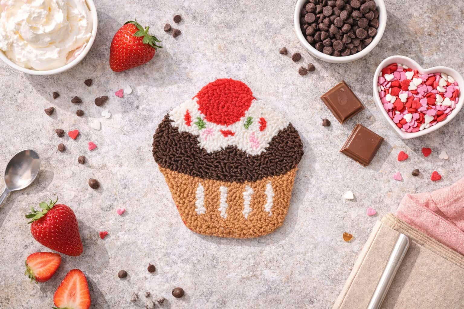Cupcake punch needle coaster handmade in cotton yarn
