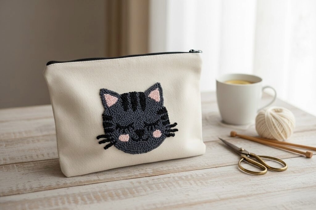 White pouch with black cat design on a wooden surface with a cup of tea and yarn.