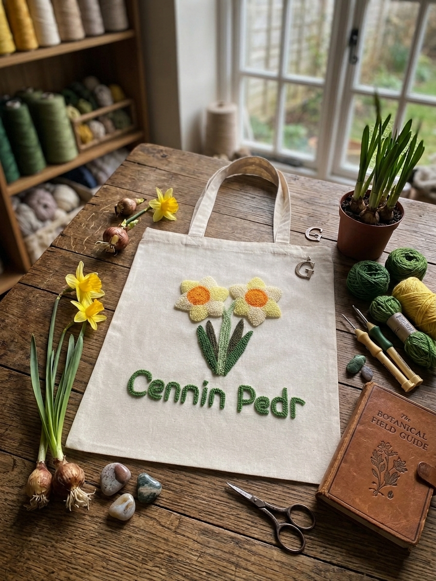 Daffodil flower tote bag with handmade punch needle design and Cennin Pedr lettering, laid on a wooden table with fresh daffodils