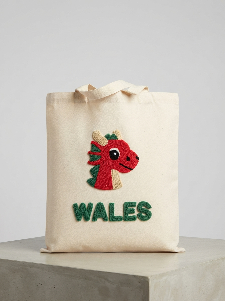 Welsh Cute Red Dragon Canvas Tote Bag | 35x40cm Textured Punch Needle Design