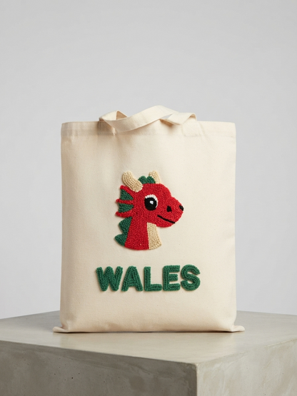 Welsh Cute Red Dragon Canvas Tote Bag | 35x40cm Textured Punch Needle Design