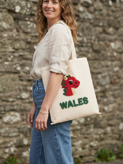 Welsh Cute Red Dragon Canvas Tote Bag | 35x40cm Textured Punch Needle Design