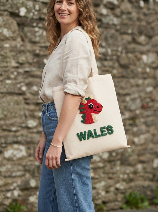 Welsh Cute Red Dragon Canvas Tote Bag | 35x40cm Textured Punch Needle Design