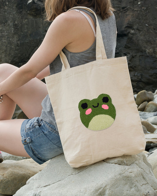 HANDMADE PUNCH NEEDLE TOTE BAG - FROG
