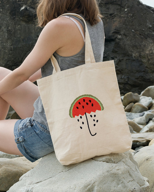 HANDMADE PUNCH NEEDLE TOTE BAG - WATERMELON