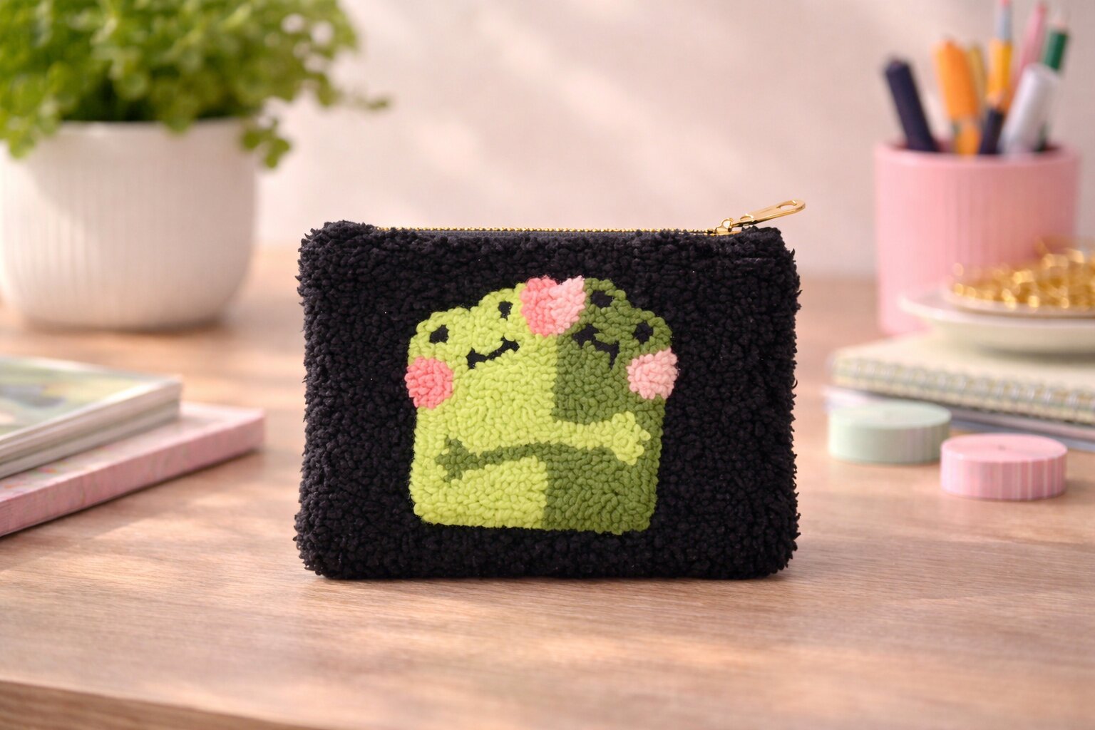 Frog teddy pouch handmade in UK black plush zip bag