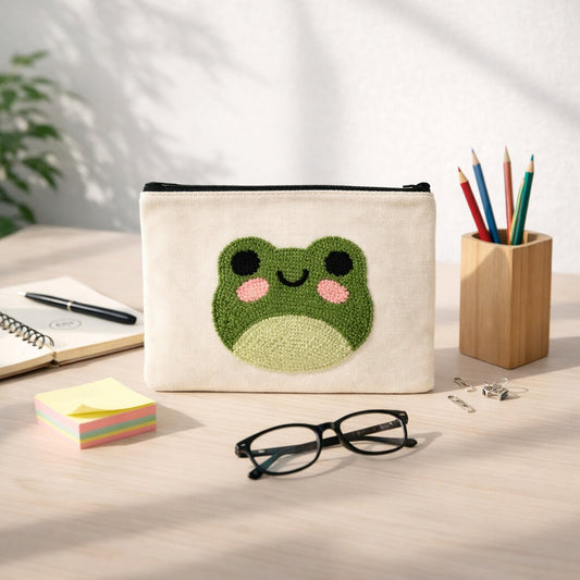 Frog Punch Needle Canvas Makeup Pouch
