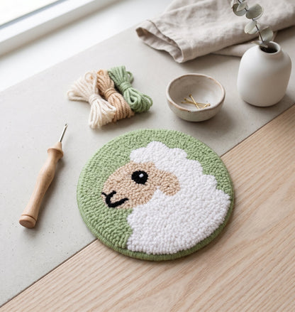 Round sheep coaster with handmade punch needle design on sage green background, surrounded by yarn and a wooden vase