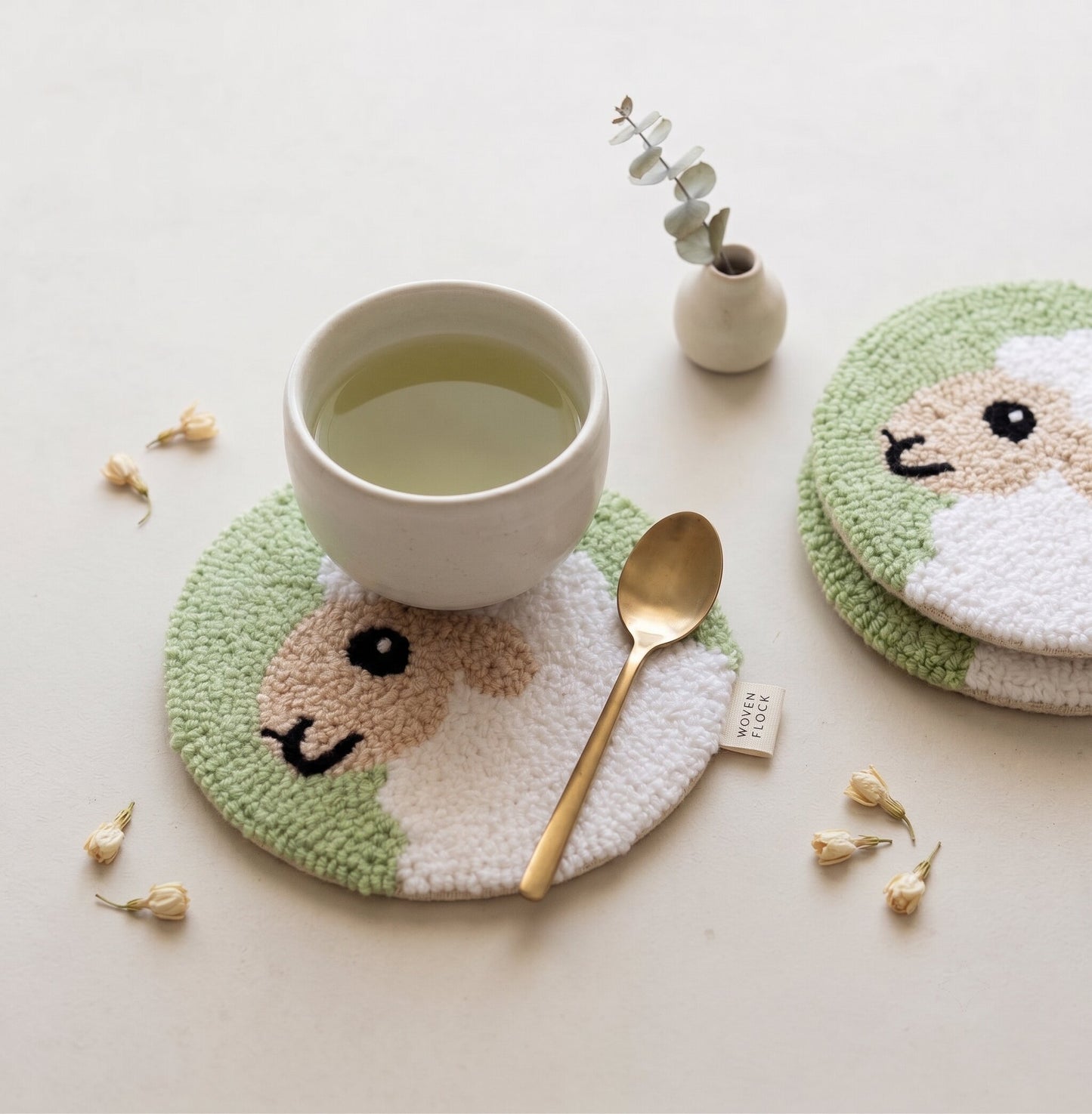 Set of Round sheep coaster with handmade punch needle design