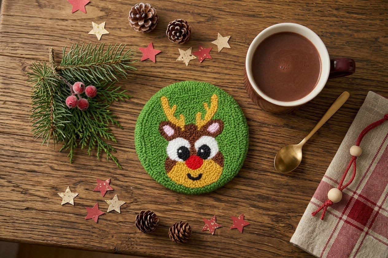 Coaster with reindeer design on a wooden table with hot chocolate and festive decorations