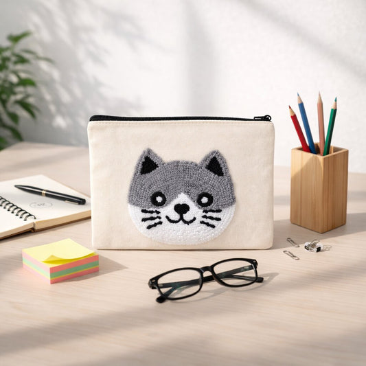 Grey & White Cat Punch Needle Canvas Makeup Pouch
