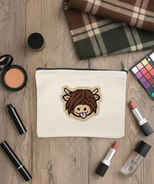 Highland cow punch needle canvas makeup pouch
