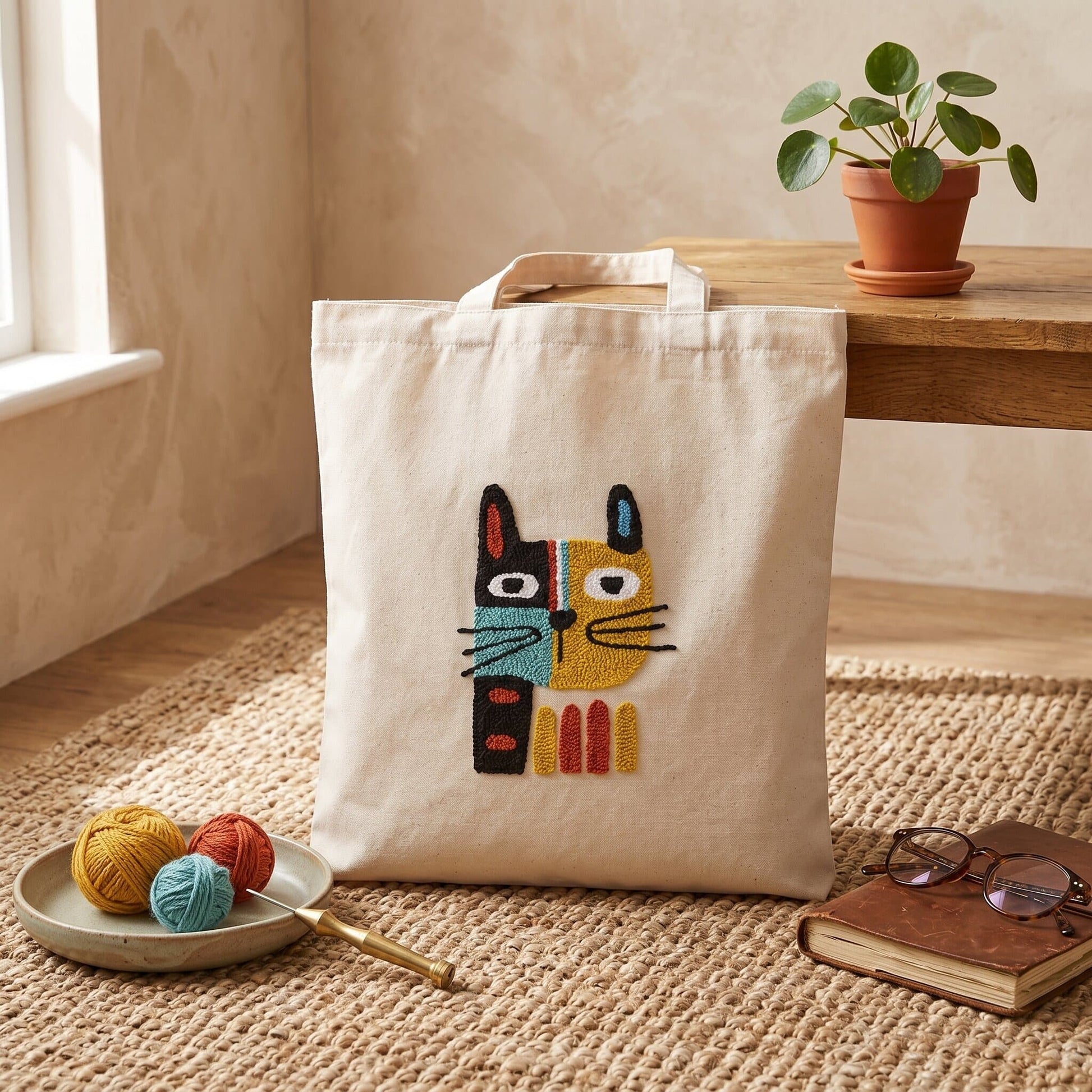 Handcrafted punch needle cat tote bag on natural canvas featuring a colourful abstract cat face design in mustard yellow, turquoise, black, red, and blue tones. Styled in a cozy minimalist room with yarn, glasses, and wooden decor.