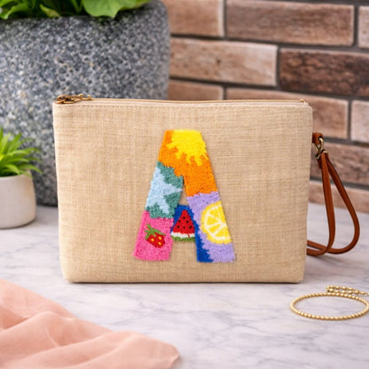 Alphabet Punch Needle Jute Clutch Bag (A & C)