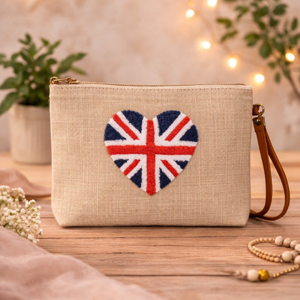 Handmade Union Jack heart punch needle jute clutch bag