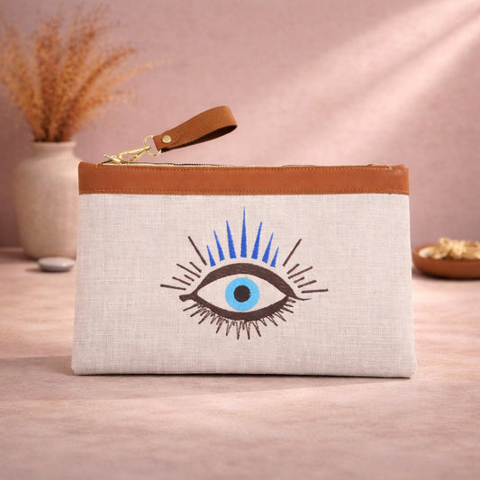 Handmade radiant eye punch needle jute flat clutch 21 x 31 cm