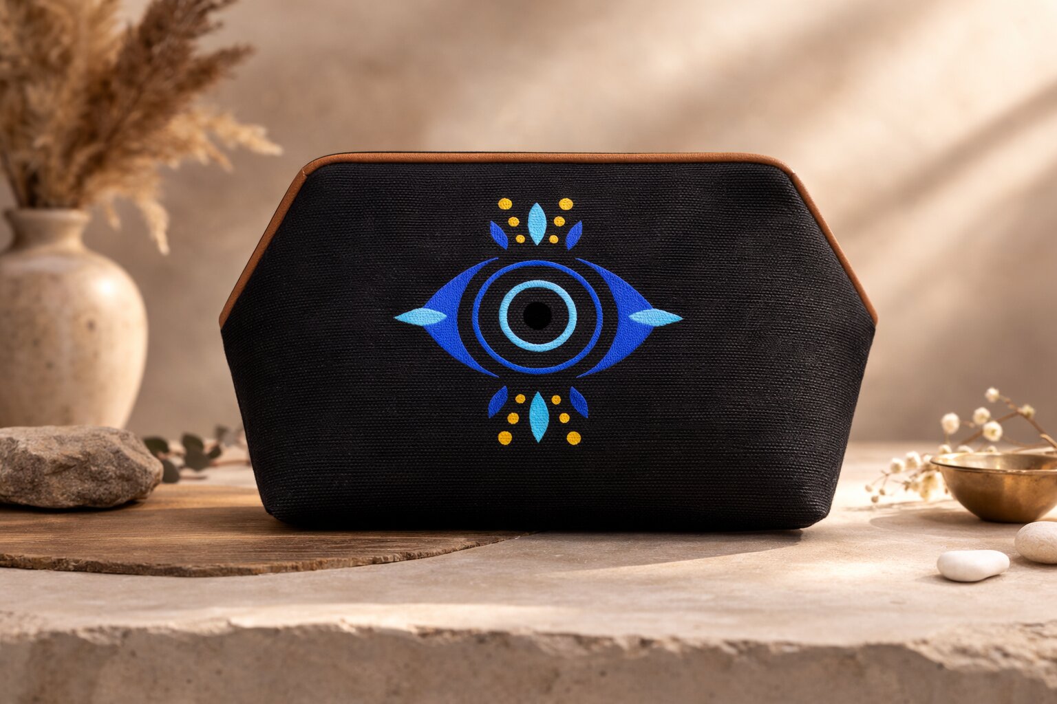 Handmade evil eye elongated punch needle clutch black and natural 21 x 35 cm