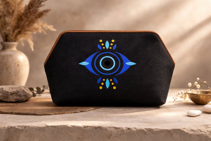 Handmade evil eye elongated punch needle clutch black and natural 21 x 35 cm