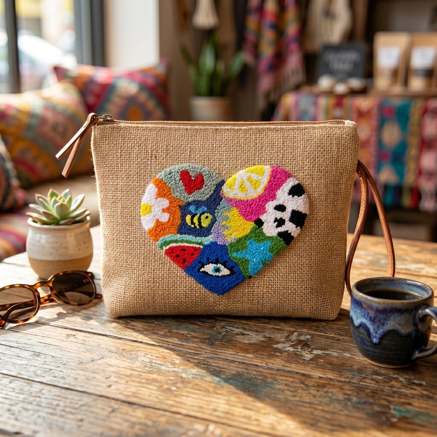 Heart of Fun Punch Needle Jute Clutch Bag