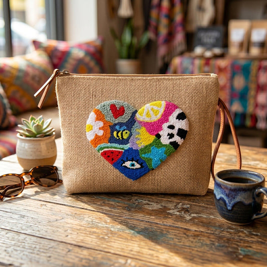 Heart of Fun Punch Needle Jute Clutch Bag