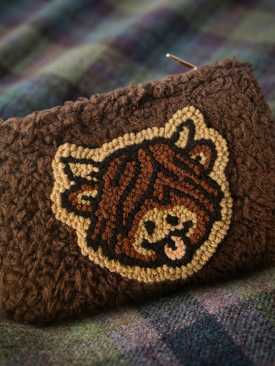 A brown textured pouch or clutch with a raised embroidered raccoon face motif in brown, beige, and black, resting on a plaid fabric surface.