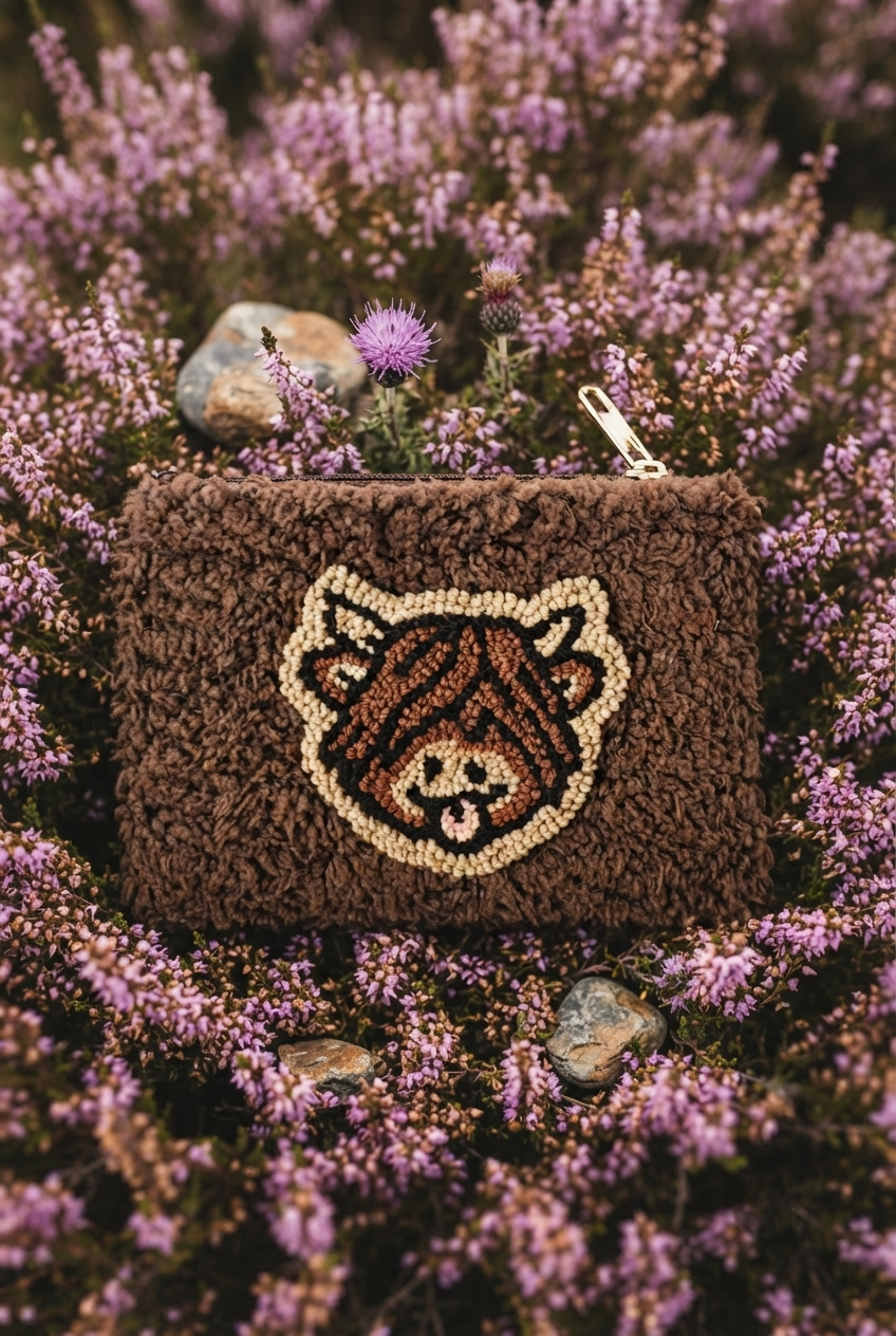 A brown textured pouch with a crocheted bear face patch, nestled in purple heather flowers with small stones.