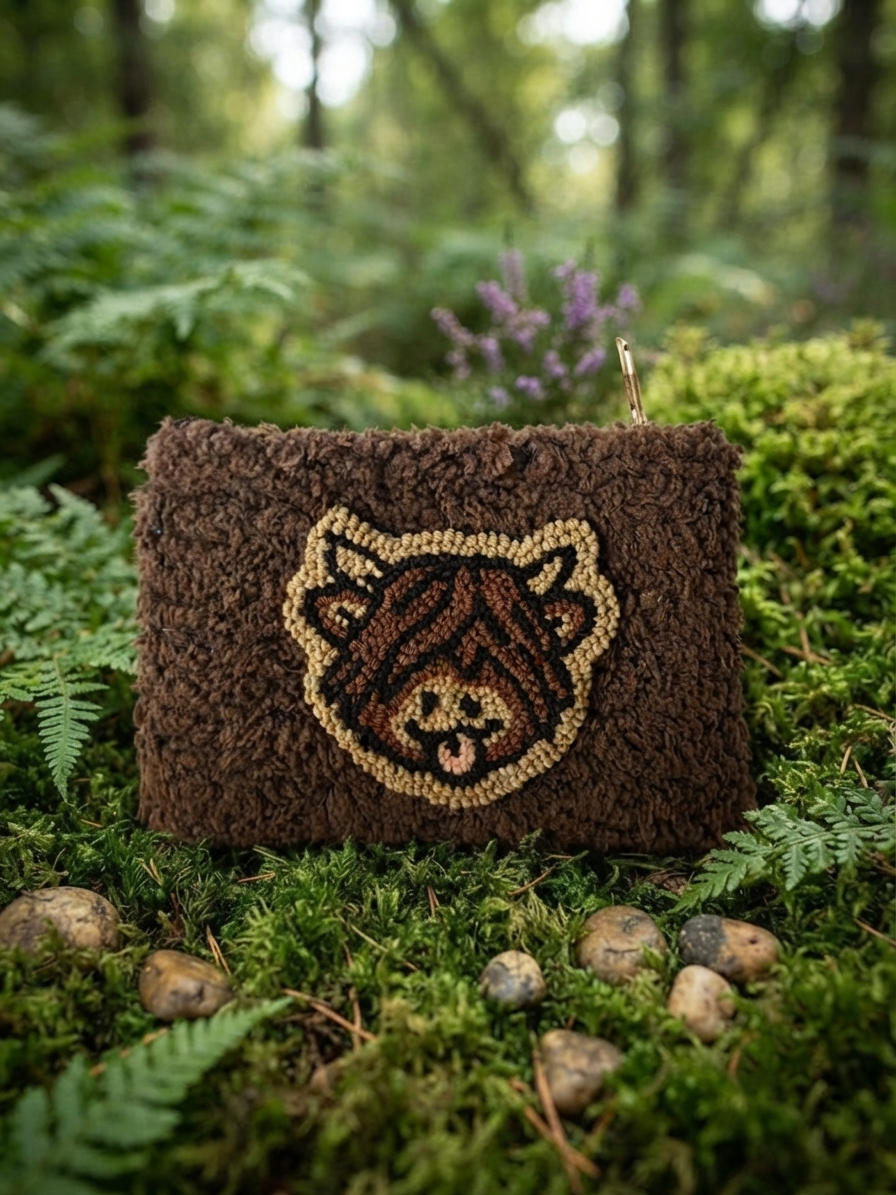A brown textured pouch with a hand-hooked bear face design, resting on a bed of green moss and ferns with small stones in the foreground.