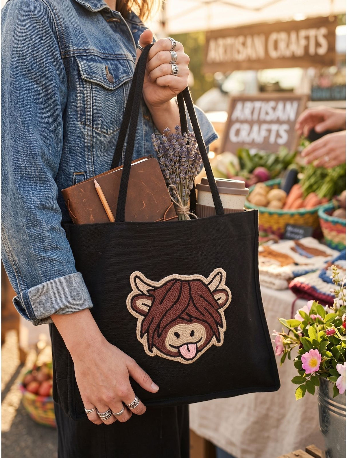 A person in a denim jacket holds a black canvas tote bag at an outdoor market. The bag features a cartoonish embroidered cow face with brown hair and a pink tongue.