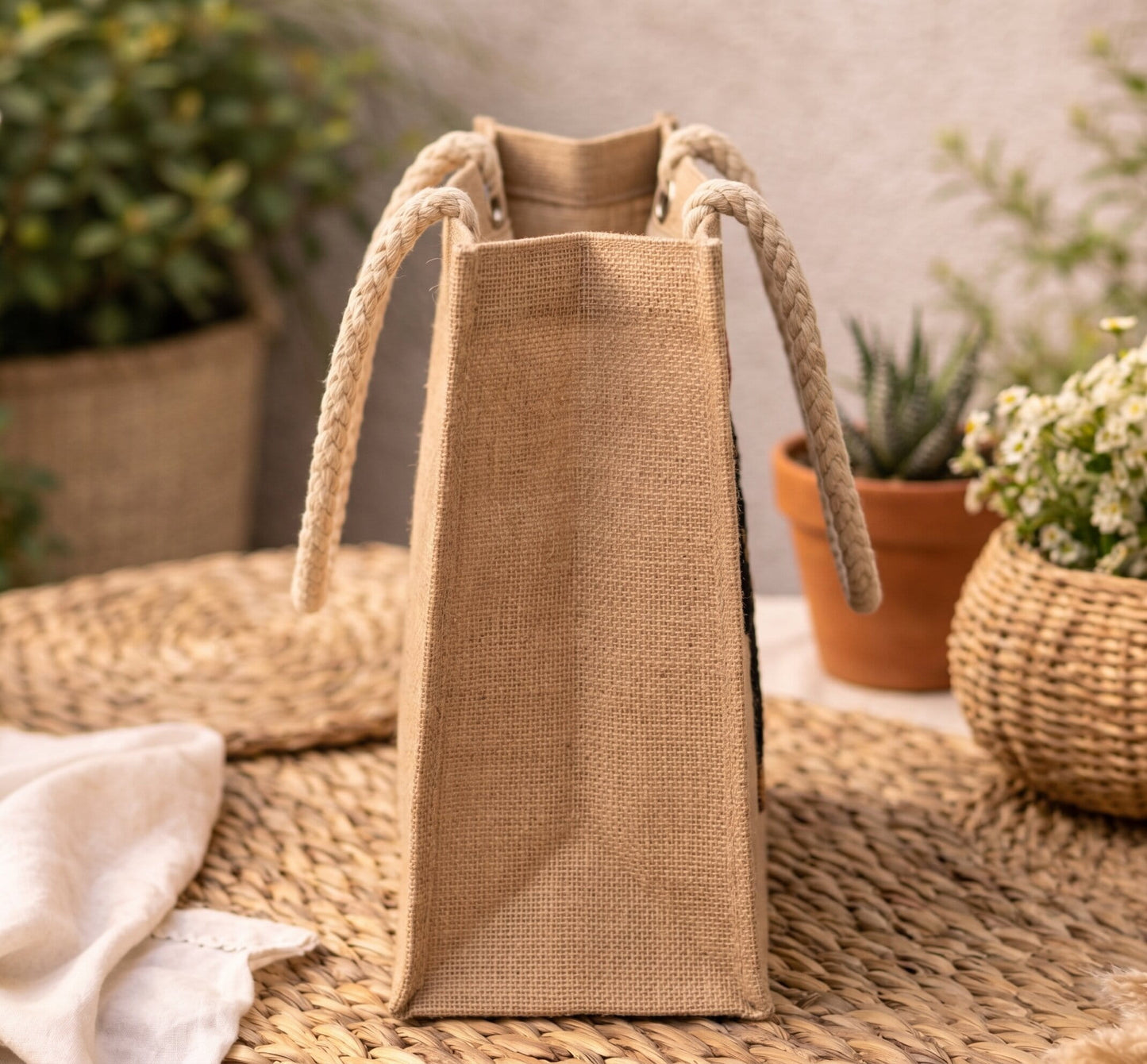Jute bag with braided handles on woven surface