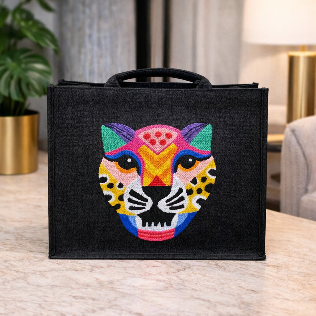 Handmade jute colourful tiger shoulder bag with punch needle design, structured black base and water-resistant lining. 35 x 45 cm.
