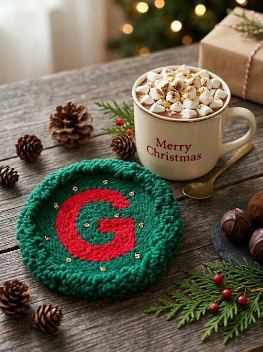 Round Christmas letter punch needle coaster in red and green by Kozi Crafts