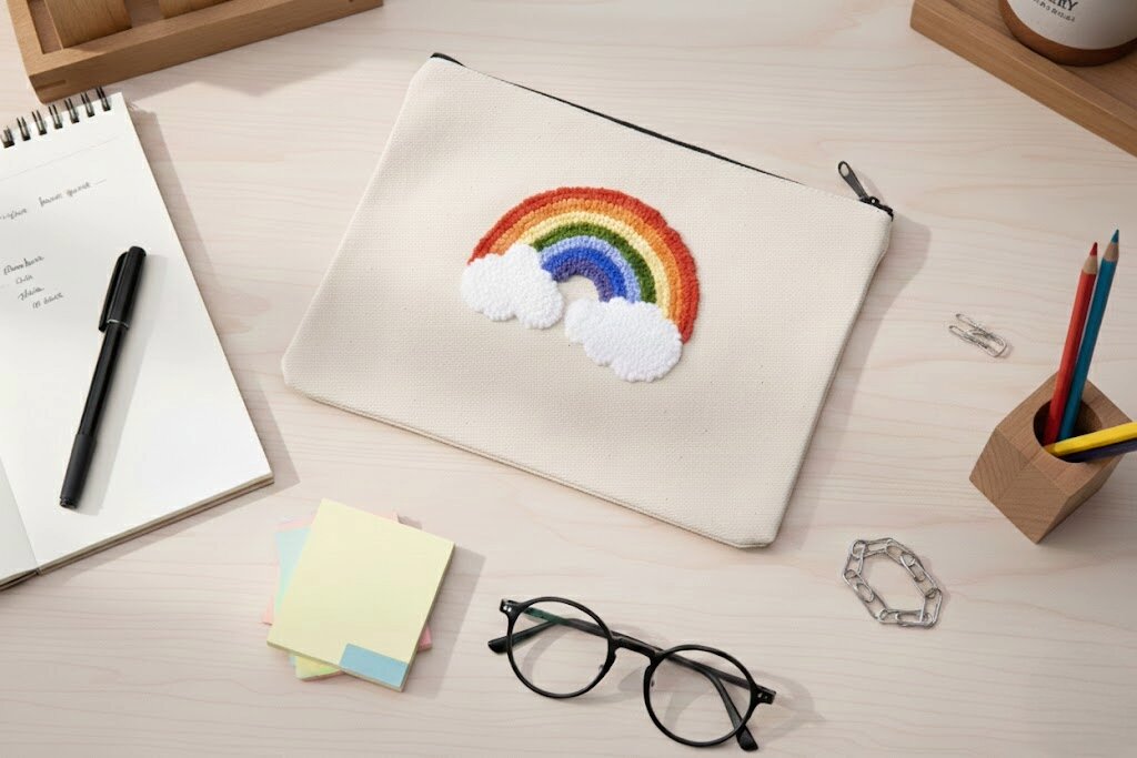 Beige pouch with rainbow design on a desk with stationery items