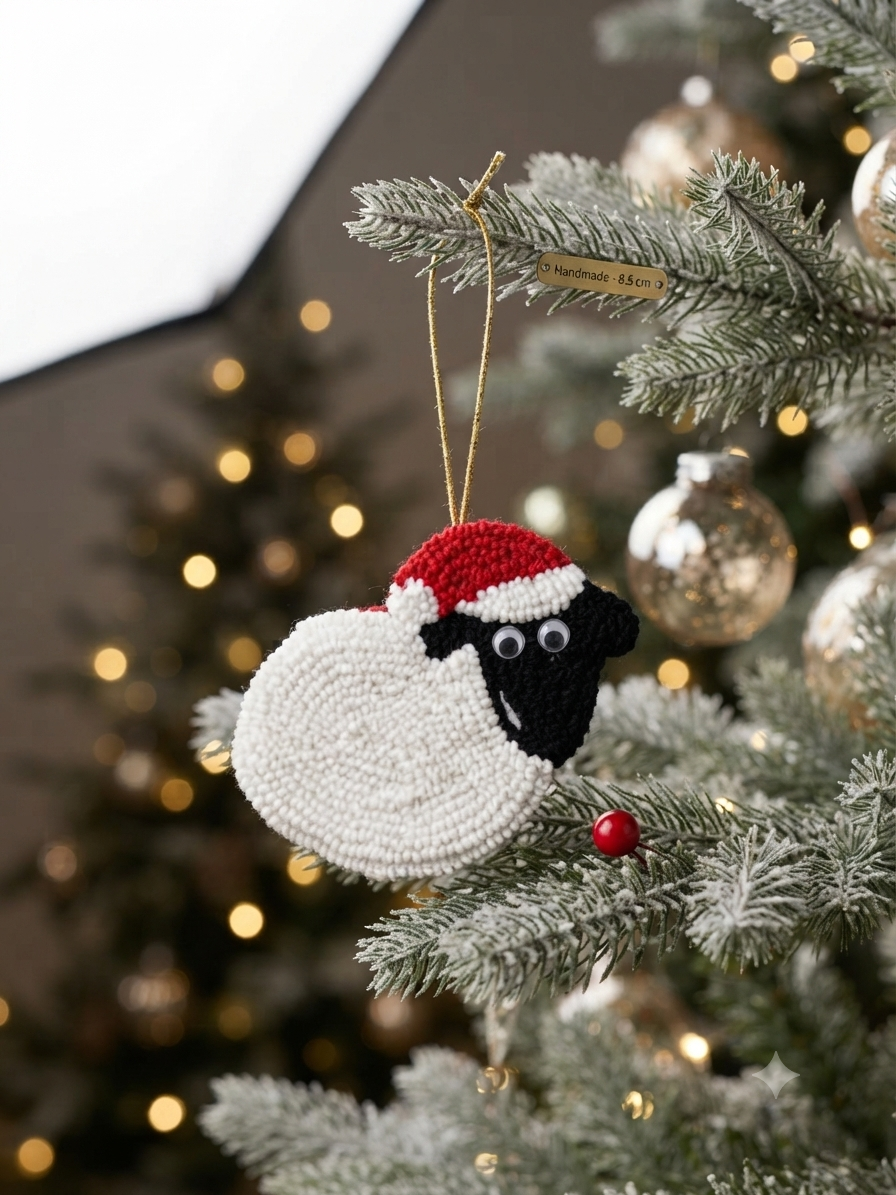 A handmade beaded sheep ornament wearing a red Santa hat hangs from a decorated Christmas tree branch with warm bokeh lights in the background.